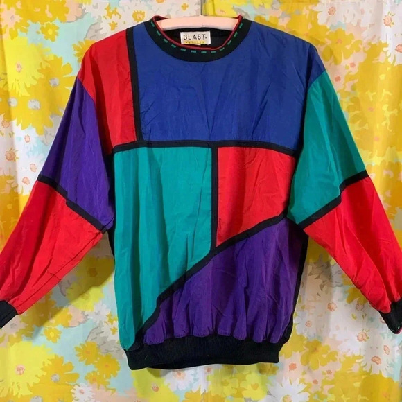 Mens colorblock 80s lightweight pull over crew neck sweater - Picture 3 of 11